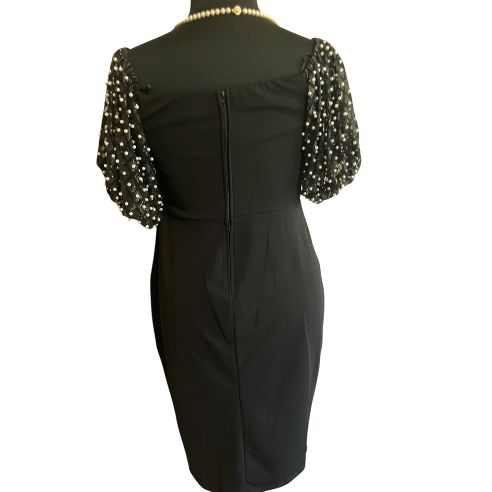 Black Cocktail Prom Party Guest Dress Puff Faux Pearl Sleeves Side Slit Size 16 - Picture 2 of 7